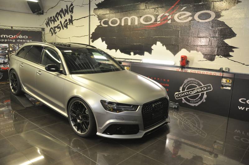 Covering complet sur une Audi RS6 en gris satin réalisé par Comonéo à Mundolsheim près de Strasbourg en Alsace en Als