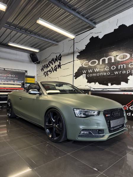 Covering complet vert mat militaire sur une Audi S5 réalisé chez Comonéo à Mundolsheim près de Strasbourg en Alsace